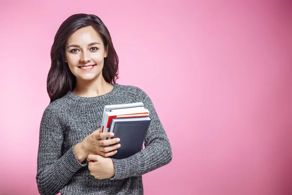 Happy Young Woman Book Pink Background — Stock Photo, Image