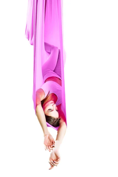 Young Beautiful Yogi Woman Doing Aerial Yoga Practice Purple Hammock — Stock Photo, Image
