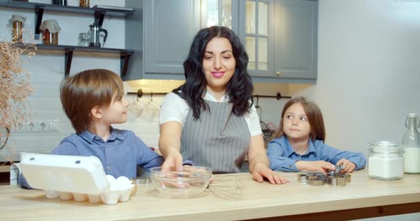 Happy Family Preparing Dough Cookies Two Cute Children Boy Girl — Stock Video