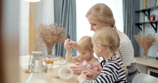 Happy Family Young Mother Two Little Daughters Kneading Dough Pancakes — Stock Video