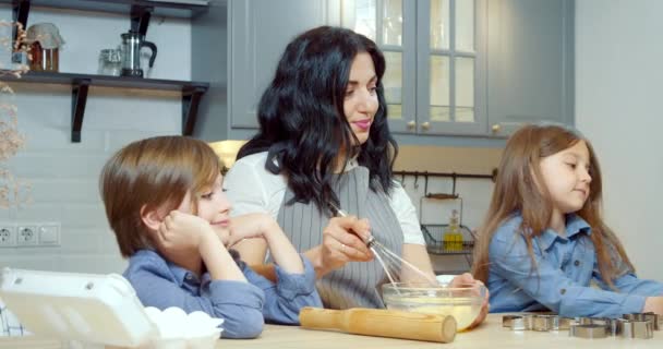 Happy Family Preparing Dough Cookies Two Cute Children Boy Girl — Stock Video