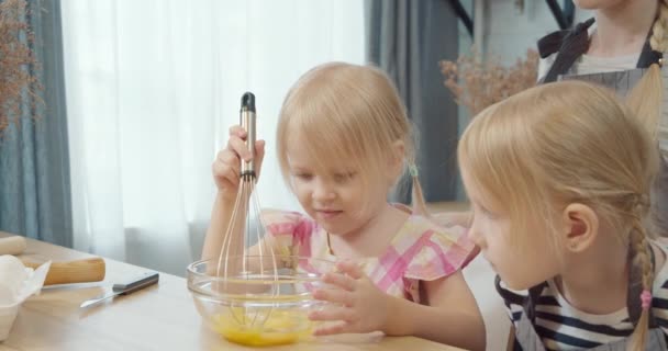 Happy Family Young Mother Two Little Daughters Making Dough Pancakes — Stock Video