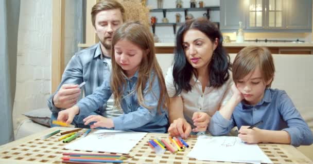 Happy Creative Family Two Cute Children Drawing Colored Pencils Felt — Stock Video