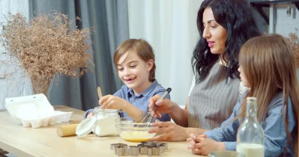 Happy Family Preparing Dough Cookies Two Cute Children Boy Girl — Stock Video