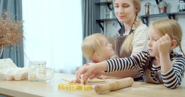 Happy Family Preparing Dough Cookies Two Cute Daughters Helping Mom — Stock Video