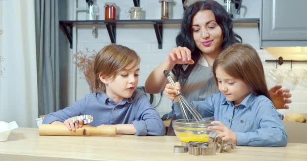 Happy Family Cooking Dough Cookies Two Cute Children Boy Girl — Stock Video