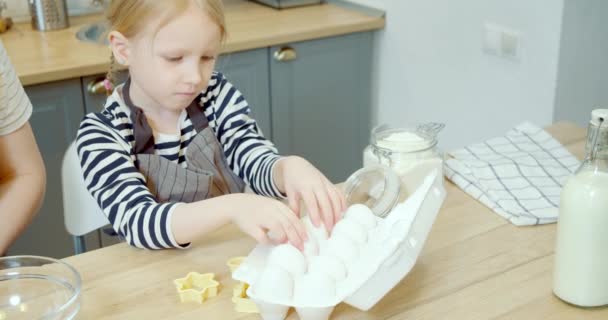 Πορτρέτο Ενός Χαριτωμένου Μικρού Κοριτσιού Που Βοηθά Μαμά Μαγειρεύει Σπιτικά — Αρχείο Βίντεο