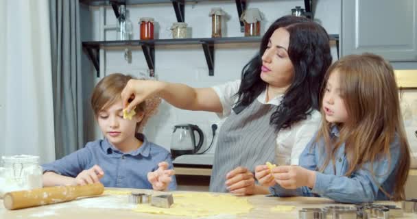 Mutlu Aile Anne Iki Çocuk Mutfakta Birlikte Yapımı Kurabiyeler Pişirirken — Stok video