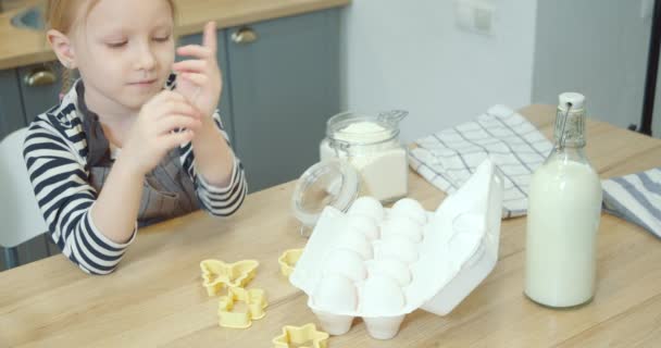 Portrait Cute Little Girl Taking Eggs Package Helping Mom Cooking — Stock Video
