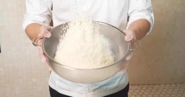 Close Male Cook Hands Gloves Mixing Dry White Rice Using — Stock Video