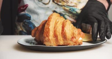Yakından bir şefin elleri eldivenli lezzetli bir kruvasan, peynir, avokado, somon filetosu ve yumurtalı Benedict servis ediyor. Lezzetli ve sağlıklı kahvaltı..
