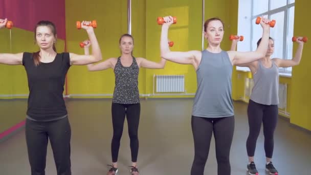 フィットネスクラブでダンベルと仕事をする若い女性のグループ 健康的なライフスタイルのコンセプト — ストック動画