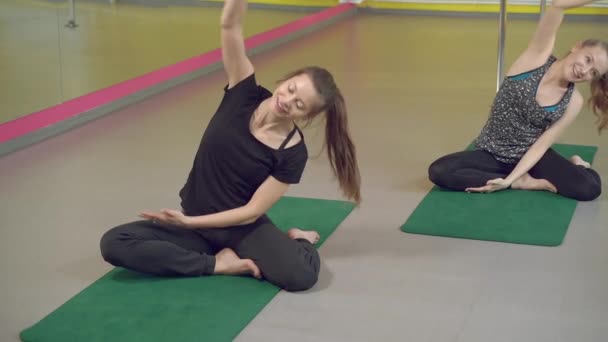 Yoga Sınıfındaki Eğitmenle Esneme Dersleri Alan Bir Grup Sağlıklı Genç — Stok video