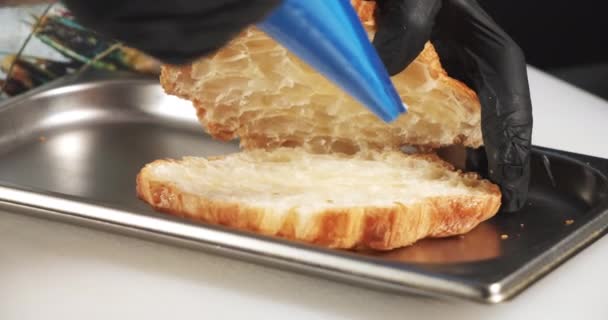 Closeup Male Cook Hands Gloves Preparing Delicious Croissant Soft Cheese — Stock Video