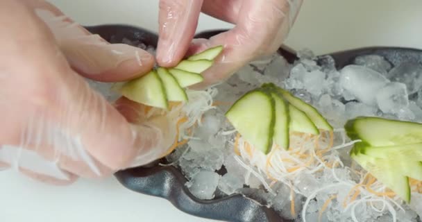 Close Male Hands Cook Gloves Laying Out Daikon Carrot Salad — Stock Video