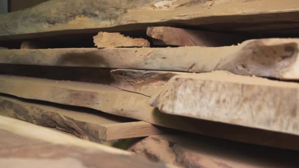 Großaufnahme Von Holzbrettern Einer Werkstatt Holzstruktur — Stockvideo