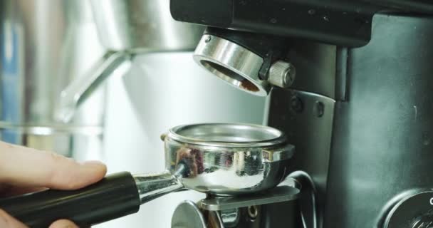 Professional Barista Worker Man Using Grinder Machine Grind Fresh Coffee — Stock Video