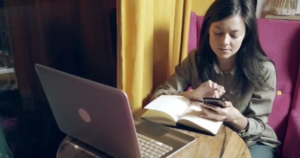 Επιχειρηματίας Νεαρή Γυναίκα Που Εργάζονται Ένα Φορητό Υπολογιστή Και Κρατώντας — Αρχείο Βίντεο