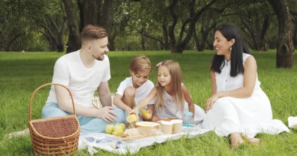 Família Feliz Com Crianças Descansando Grama Comendo Legumes Frutas Divertindo — Vídeo de Stock