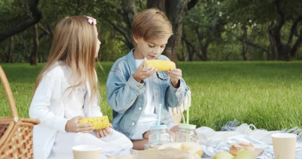 Dwa Słodkie Dzieci Dziewczyna Chłopiec Jedzenie Kolb Kukurydzy Zabawy Razem — Wideo stockowe