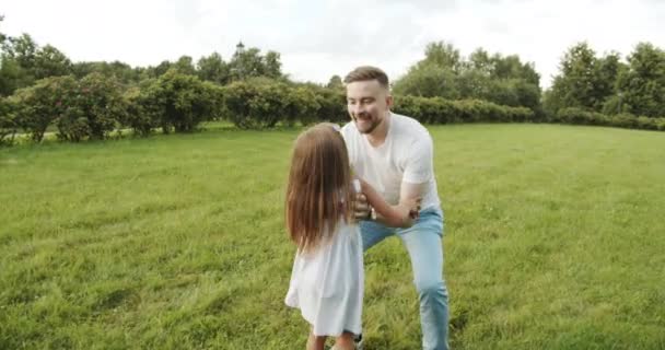 Père Heureux Vomissant Tourbillonnant Jolie Petite Fille Dans Parc Papa — Video