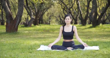 Genç bir kadın parkta Lotus pozisyonunda yoga meditasyonu yapıyor. Uyum ve sağlıklı yaşam tarzı kavramı.
