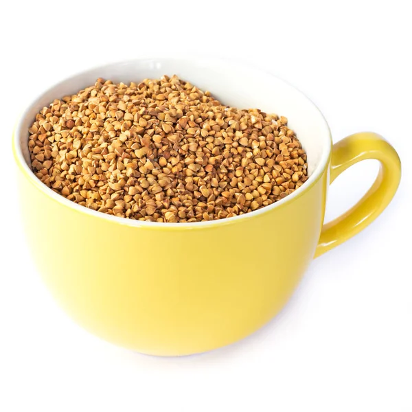 Buckwheat Grains Yellow Mug Side View Isolated — Stock Photo, Image