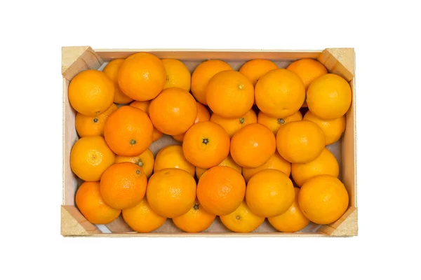 Ripe Tasty Tangerines Wooden Box Isolated White Winter Time — Stock Photo, Image