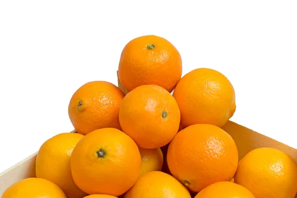 Tangerinas Saborosas Maduras Caixa Madeira Isolada Branco Hora Inverno Tempo — Fotografia de Stock