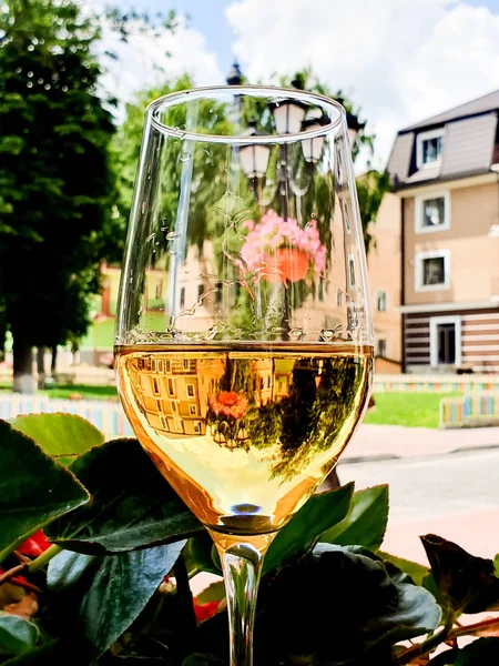 Seeing the world through a glass of white wine, Beautiful view of old city and nature, vertical