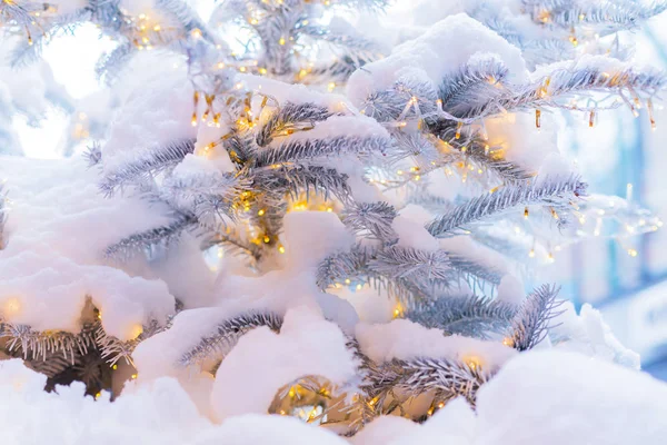 Skimrande suddig bakgrund med lysande ljus och snö — Stockfoto
