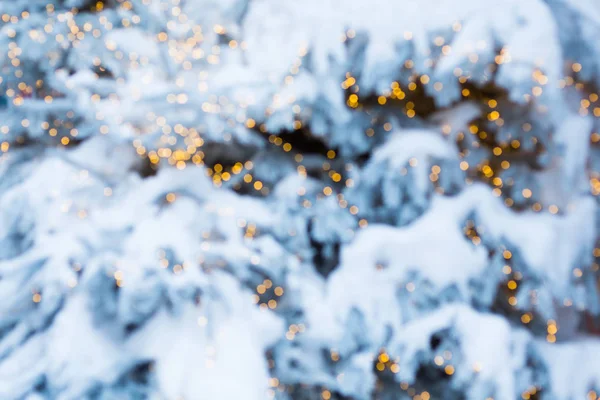 Brillante fondo borroso con luces brillantes y nieve —  Fotos de Stock