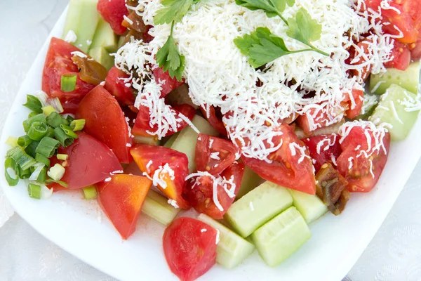 Tomaat Komkommer Salade Weergave Van Bovenaf — Stockfoto