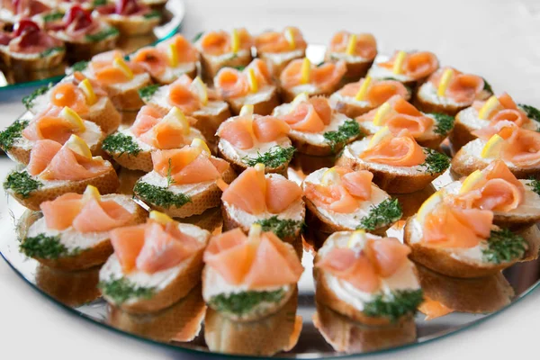Close Small Canapes Arranged Plate Light Background Selective Focus — Stock Photo, Image