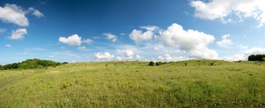 Bahar manzara mavi gökyüzü ve yeşil çim - metin için yer ile panoramik manzaralı