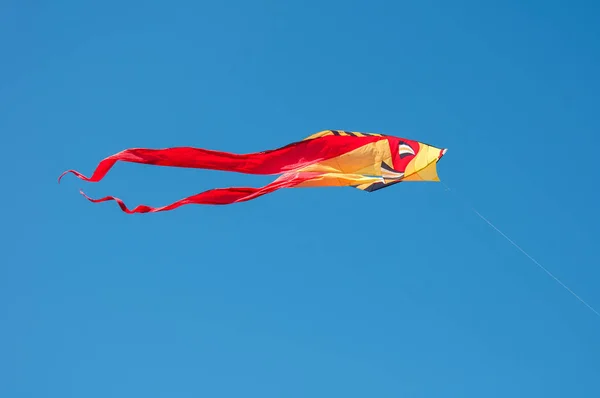 五颜六色的鱼风筝飞翔在蓝蓝的天空 — 图库照片