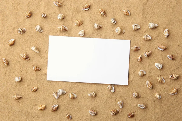 Arka plan olarak deniz kabukları ile kum üzerinde beyaz boş çerçeve. Sahil kumu ile küçük kabuklar doku üzerinde boş kartı.