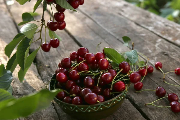 Frisch Gepflückte Kirschen Schale Auf Holztisch Garten Frische Reife Kirschen — Stockfoto