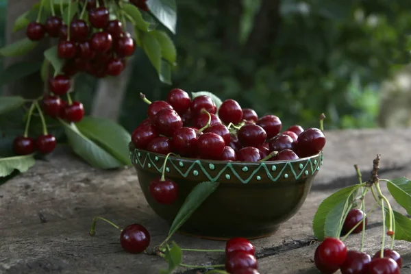 Frisch Gepflückte Kirschen Schale Auf Holztisch Garten Frische Reife Kirschen — Stockfoto