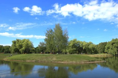 Şehir Parkı yaz gölde. Park gölet manzaralı görünüm.