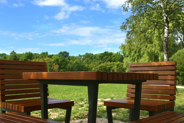在公园的棋盘桌或野餐桌上关门 夏日公园里有椅子的空木桌 — 图库照片