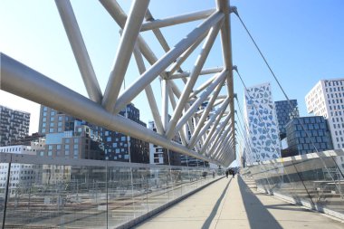 Oslo, Norveç 19 Temmuz 2018: Akrobaten yaya köprüsü Bjorvika bölgesinde. Merkezi Oslo modern iş mimarisi. Oslo Merkez İstasyonu'na raylarından Köprüsü.