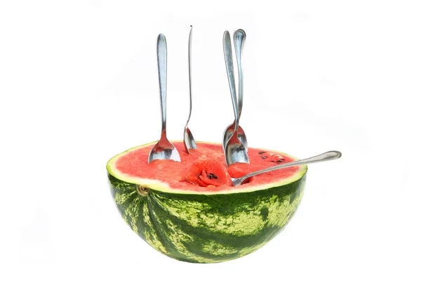 Half Watermelon Spoons Isolated White Background Ripe Watermelon Eating Spoons — Stock Photo, Image