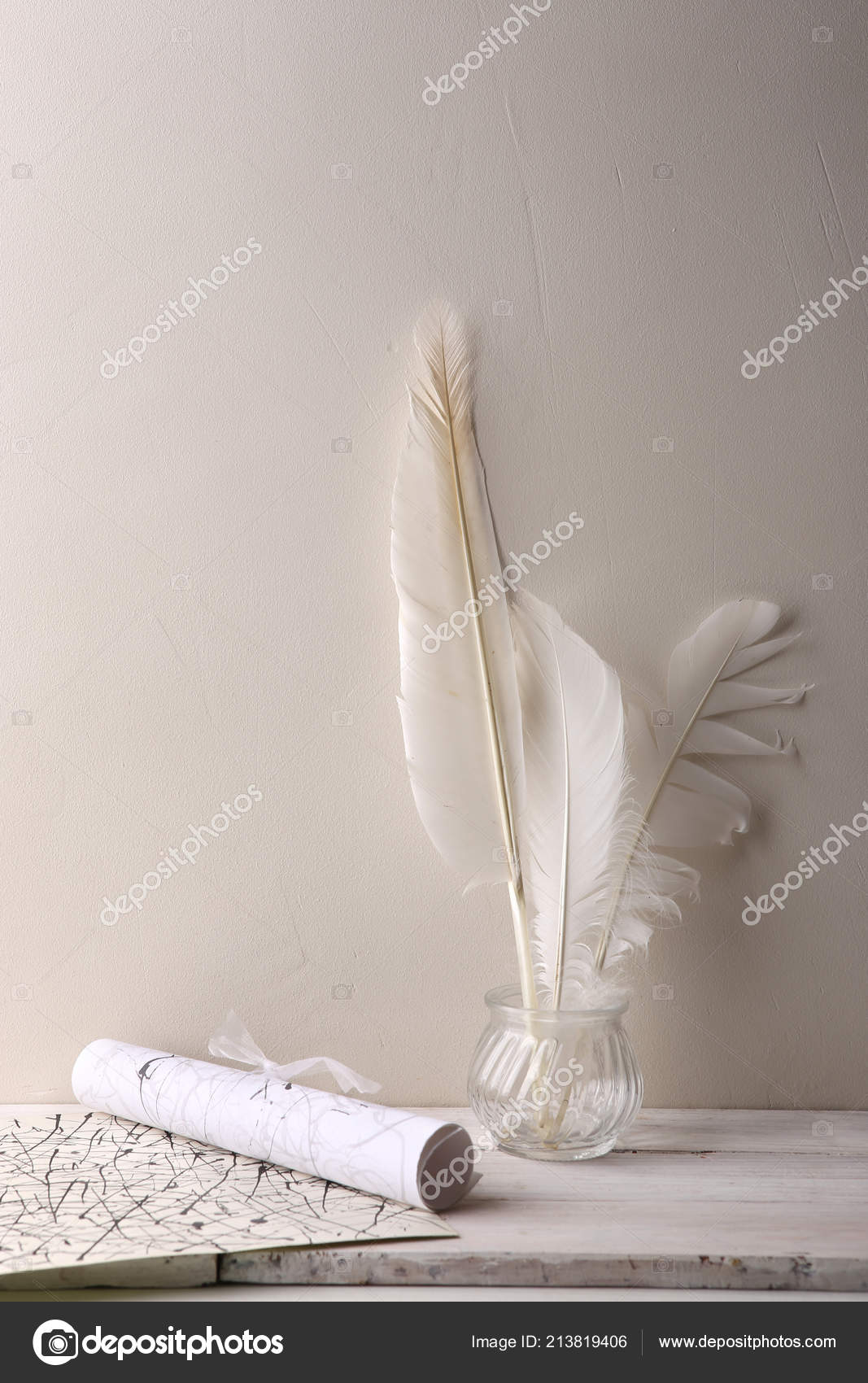 Glass Bottle Feathers Paper Roller Ink Drawing Paper Roller Ink Stock Photo C Vaitekune 213819406