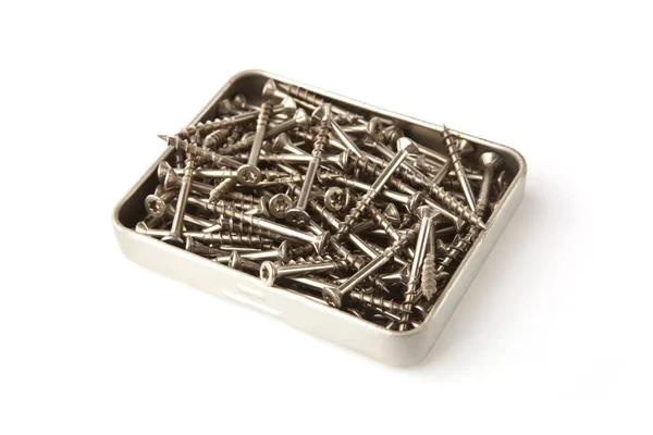 Stainless Steel Screws Box Isolated White Background Pile Wood Screws — Stock fotografie