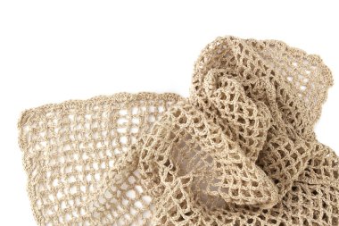 Beyaz arka plan üzerinde izole keten iplik örgü modeli. El yapımı kumaş keten dantel malzeme.