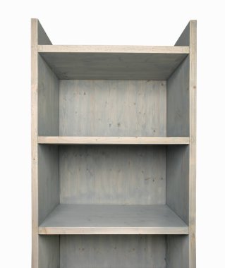 Beyaz arka plan üzerinde izole boş mavi ahşap raflar. Grunge yaşlanma yüzey ile dolap ahşap raflar.