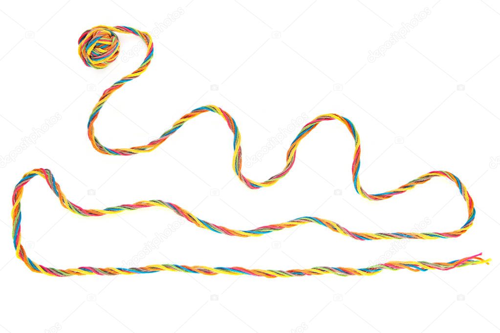 Winding colorful thread with ball isolated on white background. Cotton thread line with ball. Different color pink, green, yellow, blue, orange thread mix.
