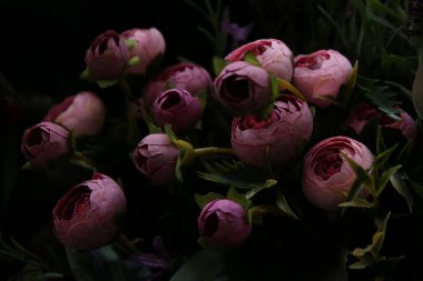 Güzel yapay çiçek şakayık kapatın. Plastik gerçekçi çiçek ve bitkiler duvar arka plan.