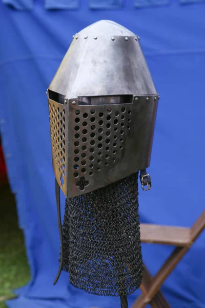 Medieval knight helmet. Iron helmet in the medieval knight tournament.